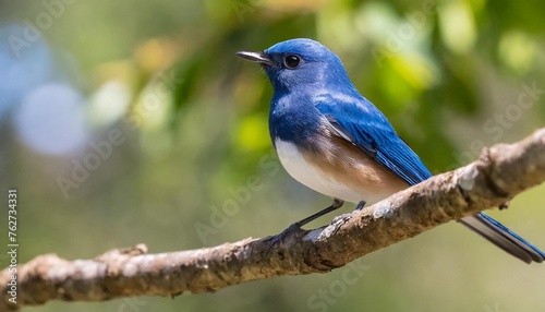 a portrait of a beautiful blue bird ultramarine flycatcher perching on branch © Michelle
