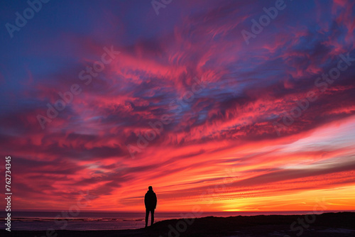 A lone figure silhouetted against a vibrant sunset