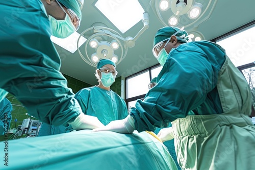 A team of doctors carrying out a surgical procedure in a hospital, Surgeons in the middle of a complex surgery, AI Generated photo