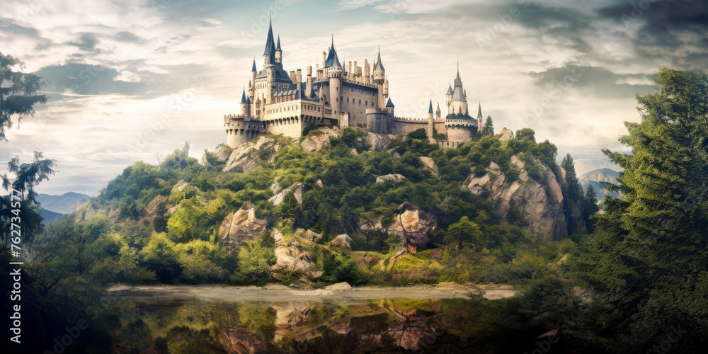 Obraz premium castle in the green mountains fantasy art