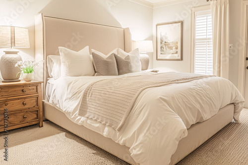 A master bedroom with a king-size bed soft bedding photo