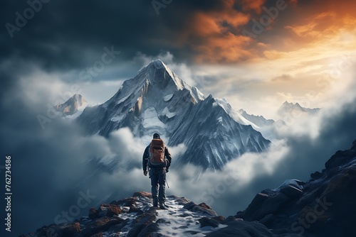 Hiker in Himalaya mountains at sunset. Man with backpack and trekking poles