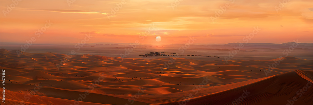 Breath-taking Sunset over the Tranquil Iraqi Desert with Traditional Mud Houses in the Horizon