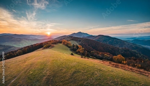 colorful sunset in the mountains of the little carpathians in slovakia at autumn evening discover the mountains from drone