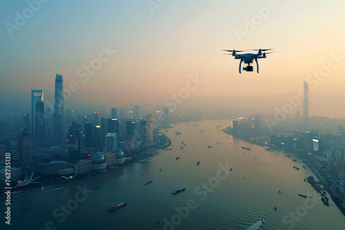 A drone flying over a sprawling metropolis