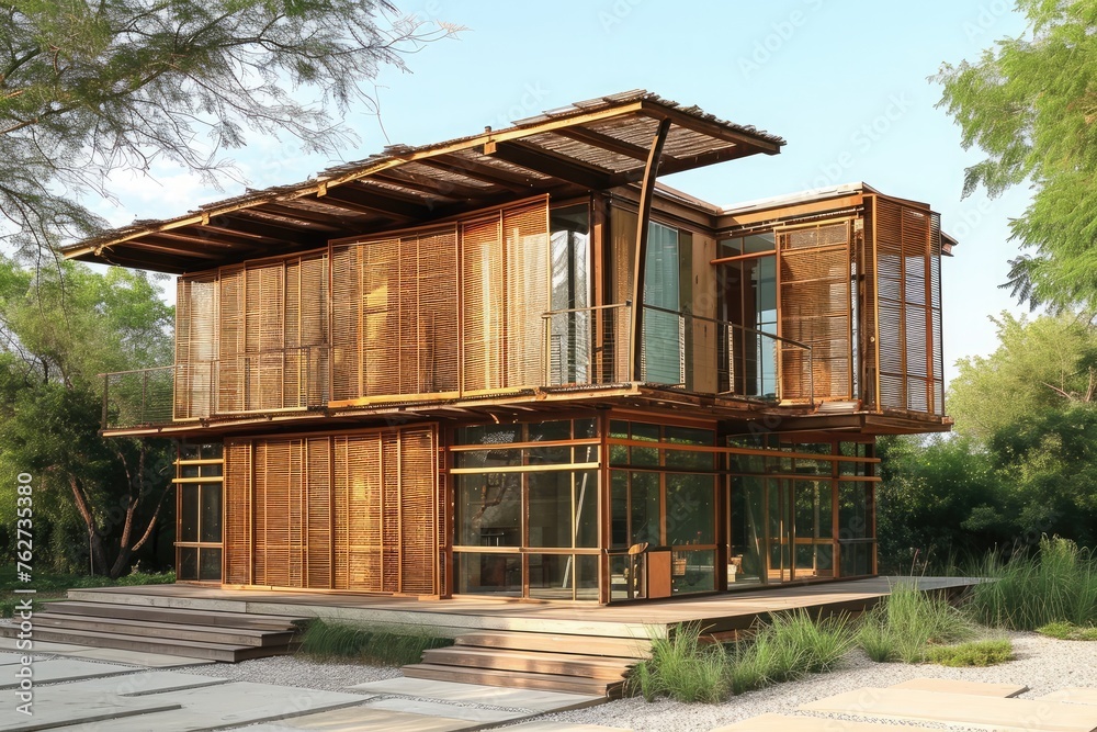Obraz premium A House Made Out of Bamboo and Glass, Sustainable construction design using recycled materials for residential buildings, AI Generated