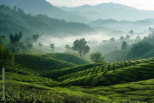 A vibrant hillside covered in numerous trees, displaying a dense and verdant landscape, Tea plantations rolling up misty hills, AI Generated © Ifti Digital