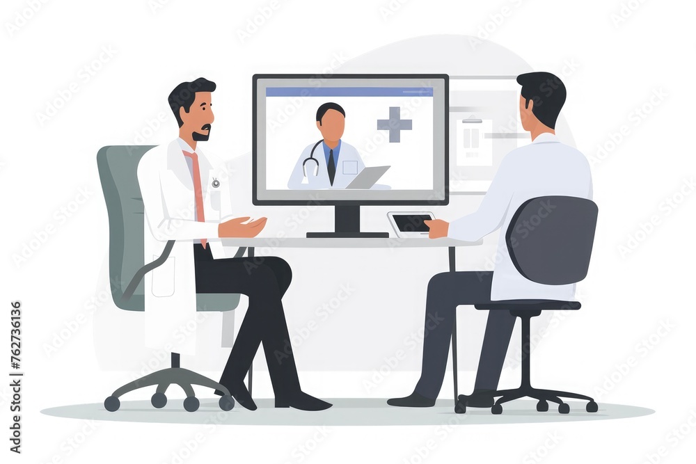 A doctor and a patient are shown sitting at a desk, engaged in a conversation while looking at a computer screen, Telemedicine consultation between a doctor and patient, AI Generated