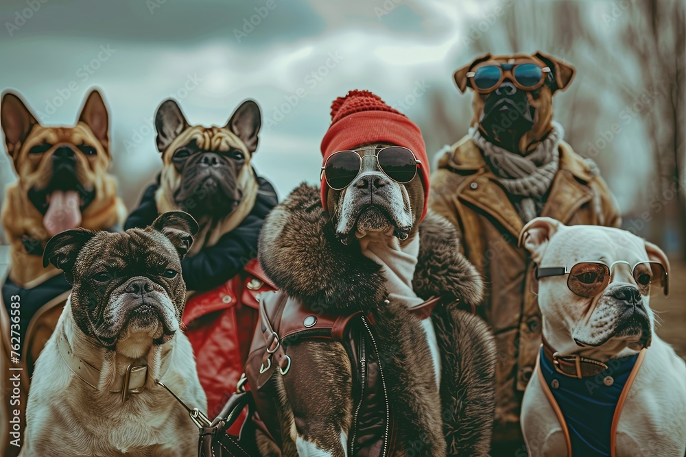 A group of dogs wearing winter clothes and sunglasses, displaying a stylish and humorous look. Generative AI