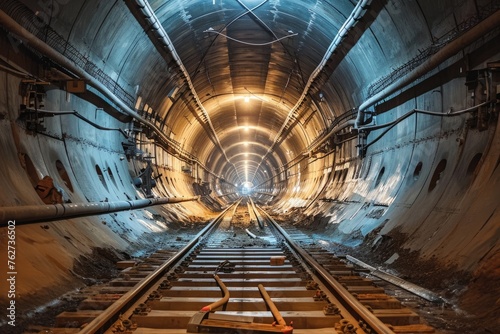 A train track stretches through a tunnel, with a train passing through, illuminated by overhead lights, The construction process of a high-tech tunnel with integrated safety features, AI Generated © Ifti Digital