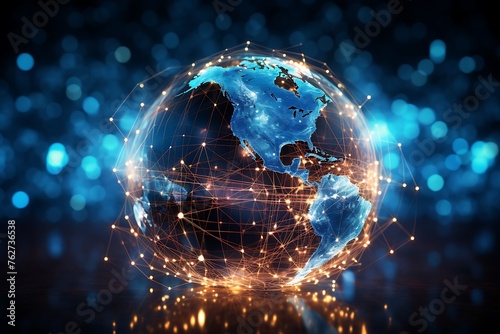 Best Internet Concept of global business. Globe, glowing lines on technological background. 3D illustration. photo
