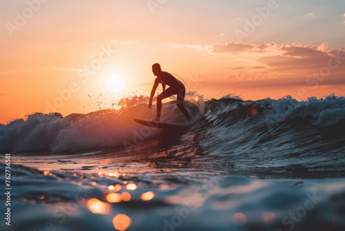 A person surfing on the ocean waves, their silhouette against the setting sun. © mila103