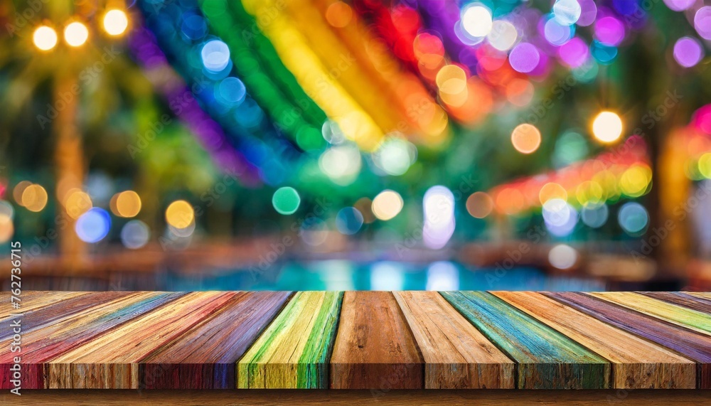 miami bar background with empty wooden table for product display indoor blurred background colorful rainbow color bokeh lights copy space lgbt pride rainbow flag symbol gays and lesbians lgbt l - obrazy, fototapety, plakaty 
