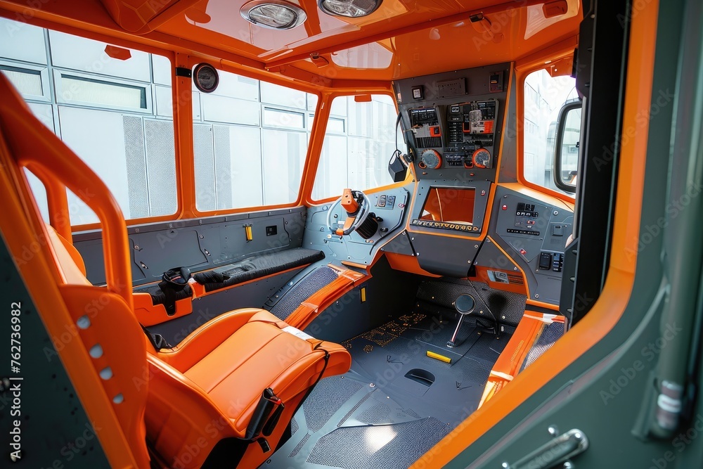 This photo captures the interior of an airplane, showcasing the vibrant orange seats and the spaciousness of the cabin, The interior of a renewable energy-powered construction vehicle, AI Generated This photo captures the interior of an airplane, showcasing the vibrant orange seats and the spaciousness of the cabin, The interior of a renewable energy-powered construction vehicle, AI Generated