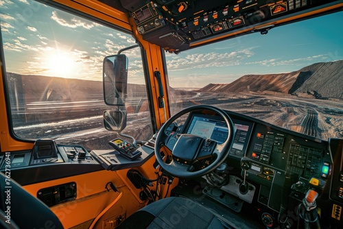A view from inside a truck showcasing the vast expanse of the desert landscape, The interior of a renewable energy-powered construction vehicle, AI Generated