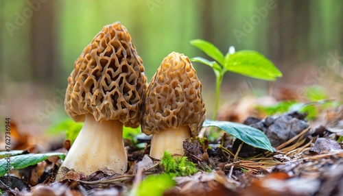 wild gourmet morel mushrooms growing in the spring forest