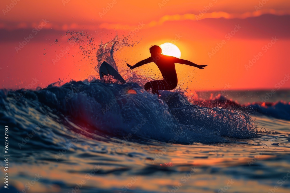 A person surfing on the ocean waves, their silhouette against the setting sun.