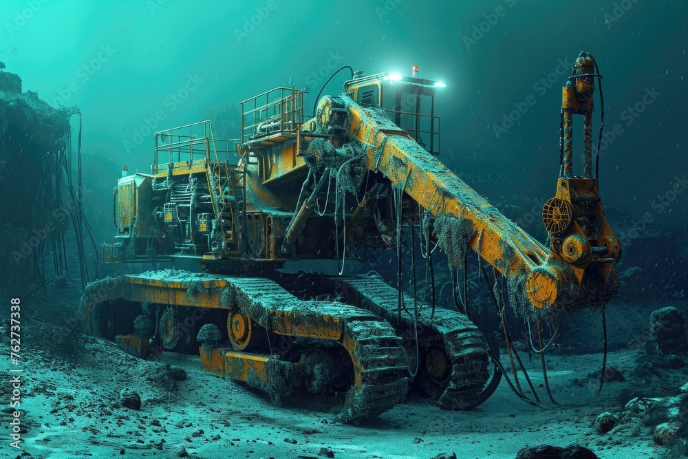 A colossal machine dominates the vast ocean, capturing attention with its massive presence, The machinery and technologies used in underwater construction, AI Generated - obrazy, fototapety, plakaty 