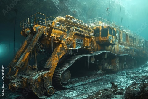 A massive yellow bulldozer positioned in the midst of the ocean, undertaking a groundbreaking task, The machinery and technologies used in underwater construction, AI Generated