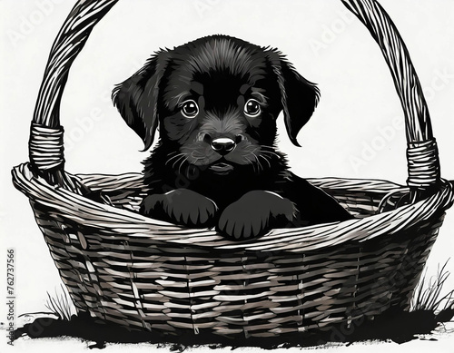 Black puppy in basket on a white background, illustration. photo