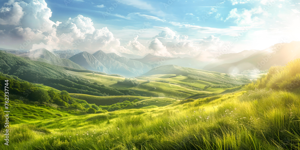 landscape grass in the summer. Sunny desktop setup concept for wallpaper 