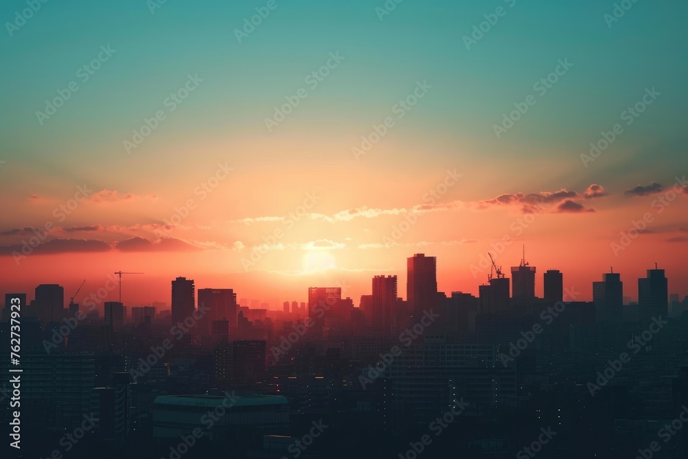 The sun is setting, casting a warm golden glow over a bustling city with tall buildings, creating a stunning urban skyline, The silhouette of a city skyline during sunset, AI Generated