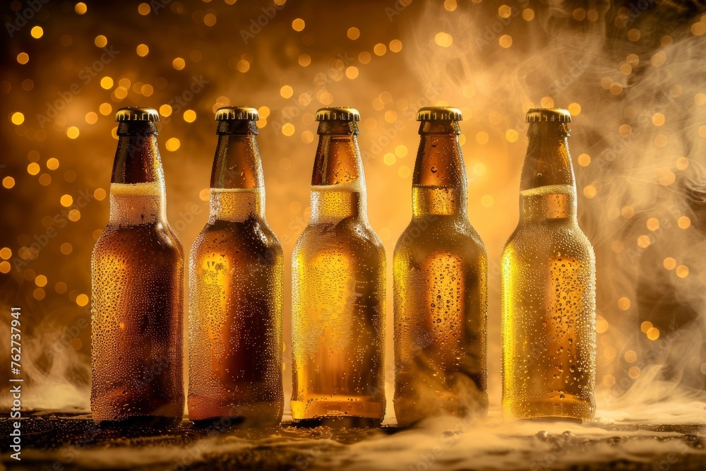 Row of four closed glass bottles with fresh beer on golden background and steam. Horizontal composition. Front view. Row of four closed glass bottles with fresh beer on golden background and steam. Horizontal composition. Front view.
