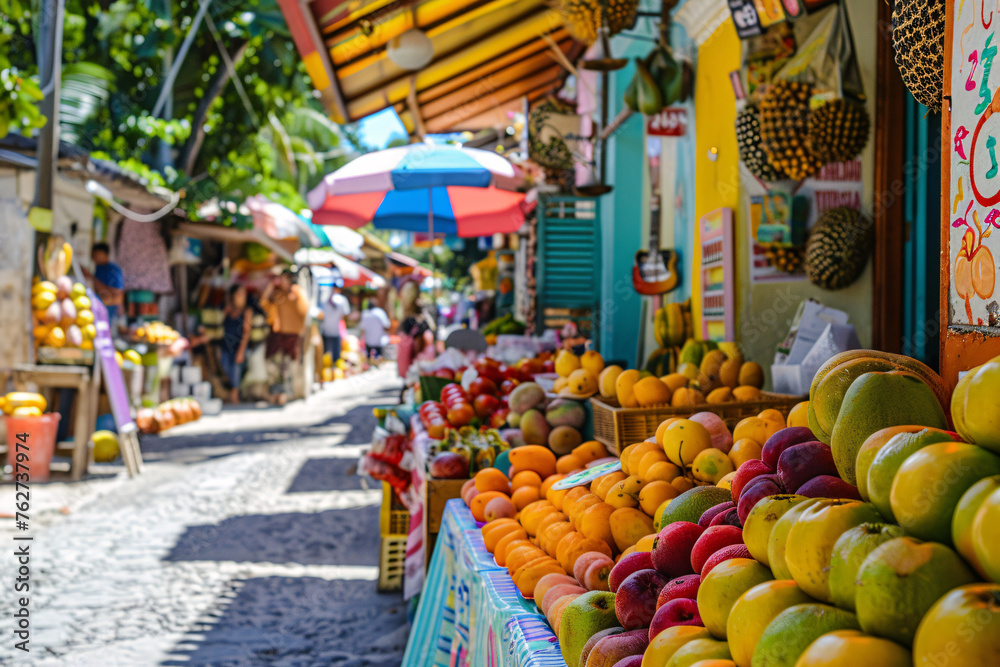 A colorful street market in a tropical destination