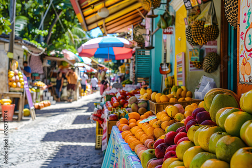 A colorful street market in a tropical destination