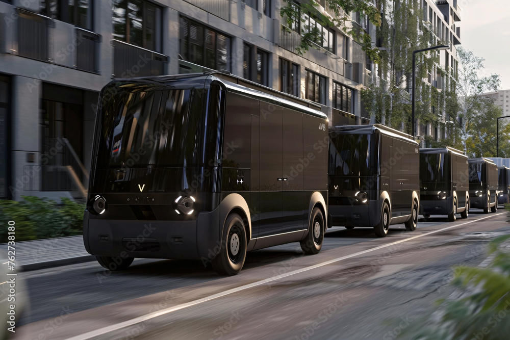 A convoy of electric delivery vans navigating urban