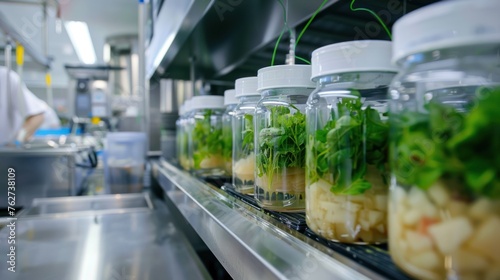 Bioreactors growing cultured meat in a sustainable food lab