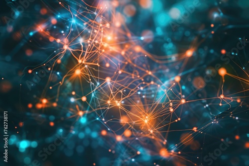 This photo showcases a brightly colored backdrop in shades of blue and orange, adorned with numerous illuminated lights, The vast interconnected web of neural networks, AI Generated