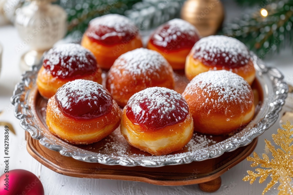 A platter filled with a tempting assortment of pastries, each one generously coated in a dusting of powdered sugar, Traditional Hanukkah doughnuts (sufganiyot) filled with jelly, AI Generated A platter filled with a tempting assortment of pastries, each one generously coated in a dusting of powdered sugar, Traditional Hanukkah doughnuts (sufganiyot) filled with jelly, AI Generated