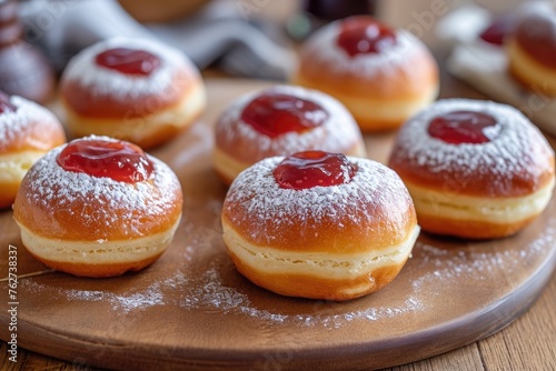 A wooden plate holds a tempting arrangement of donuts covered in a fine layer of powdered sugar  Traditional Hanukkah doughnuts  sufganiyot  filled with jelly  AI Generated