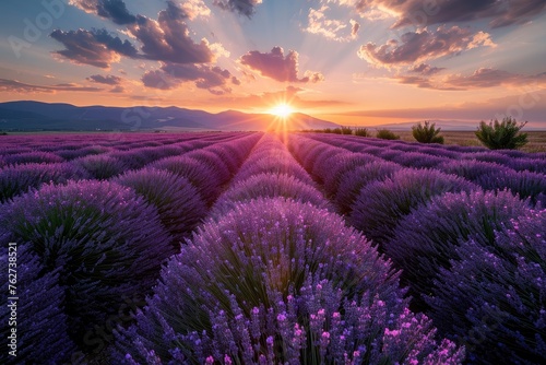 A breathtaking field of lavender flowers illuminated by the setting sun, Tranquil lavender fields just before sundown, AI Generated
