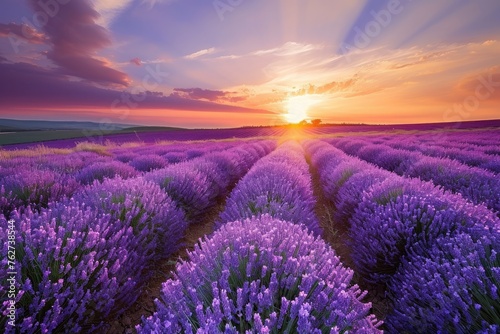 A photo capturing the setting sun casting a warm glow over a vibrant lavender field, Tranquil lavender fields just before sundown, AI Generated