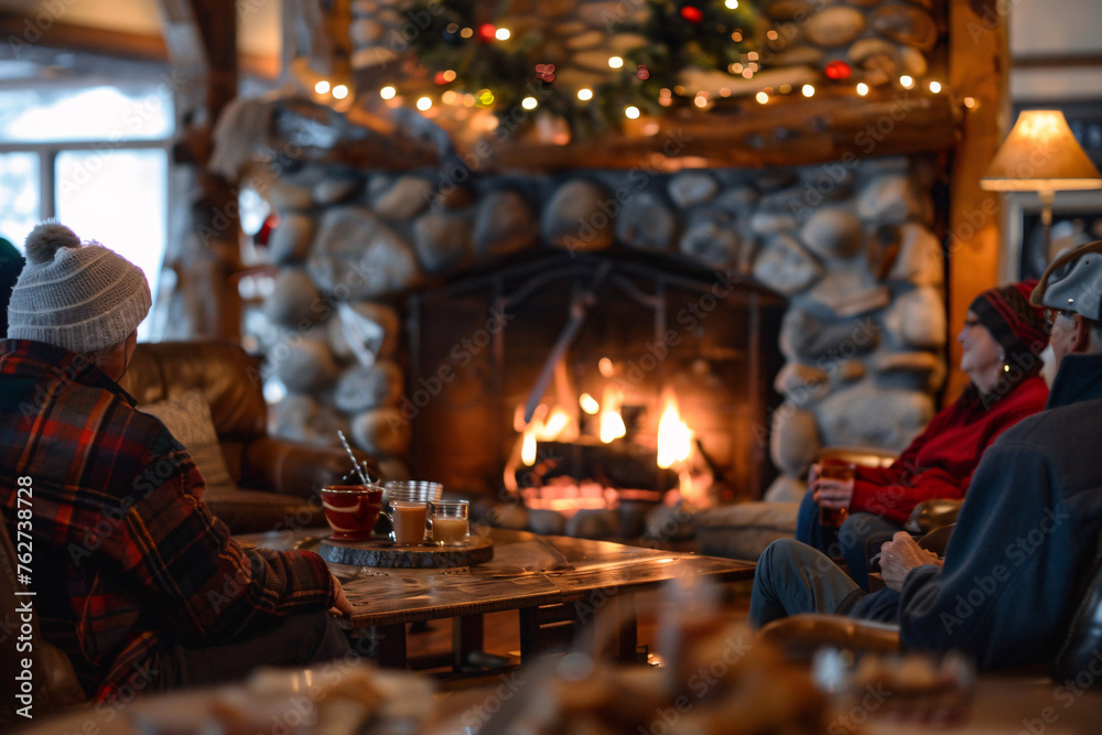 A cozy winter scene by the fireplace with friends