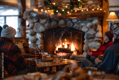 A cozy winter scene by the fireplace with friends