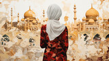 Torn paper artwork portraying a Muslim girl by a mosque, symbolizing Ramadan, Kurban Bayram, Islam, Eid al-Adha, and the Muslim faith.	
