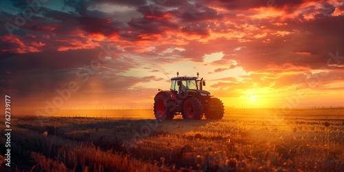 Enhancing Food Production Industry and Sustainability with Agricultural Tractor at Sunset. Concept Agricultural Tractor, Food Production, Sustainability, Sunsetivid, Enhancing Industry