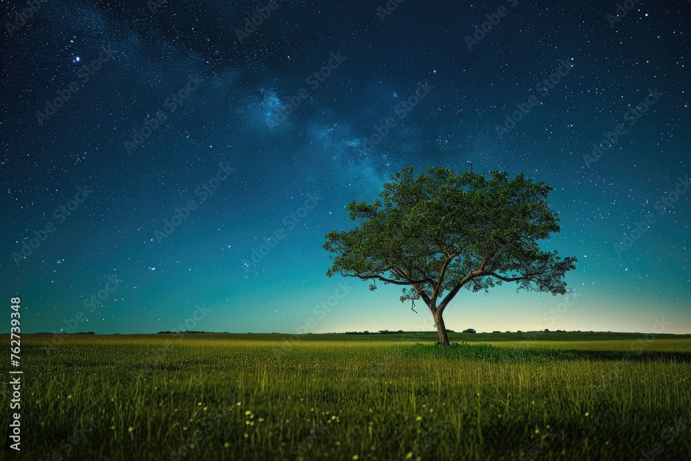 A single tree stands alone in a field, illuminated only by the moonlight, as the night sky stretches overhead, Vast grassland with a single tree under a sparkling night sky, AI Generated A single tree stands alone in a field, illuminated only by the moonlight, as the night sky stretches overhead, Vast grassland with a single tree under a sparkling night sky, AI Generated