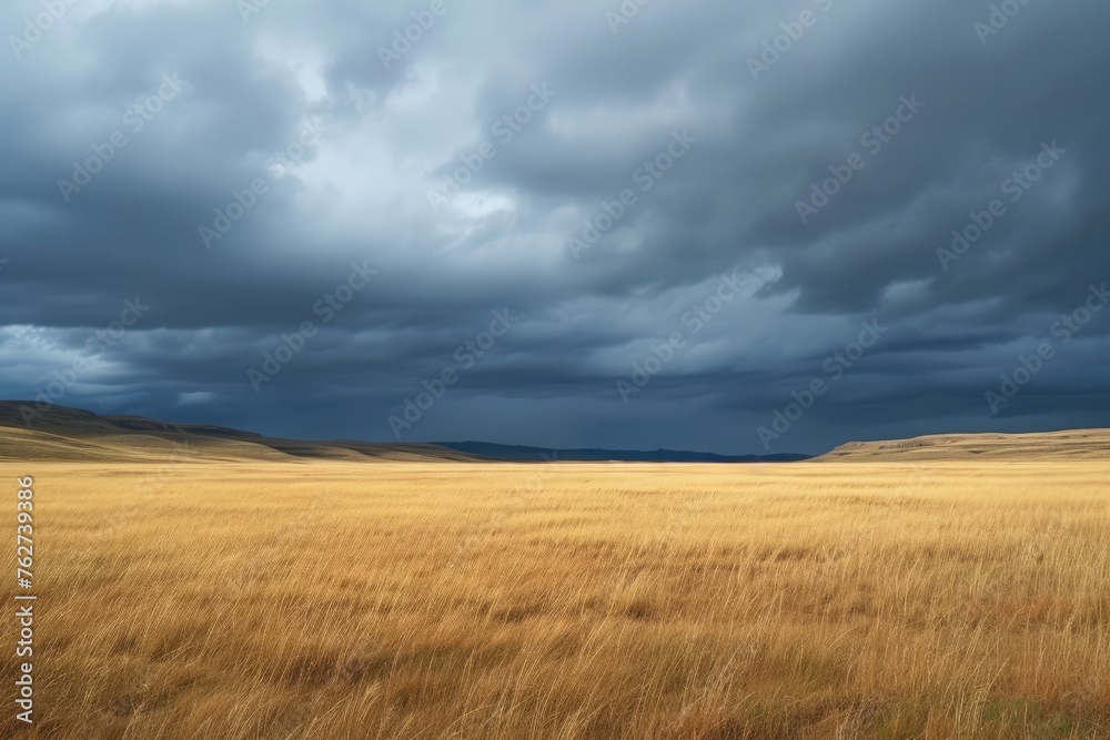 A photograph of a vast expanse of dry grass in a field with a cloudy sky overhead, Vast plains under stormy grey skies, AI Generated