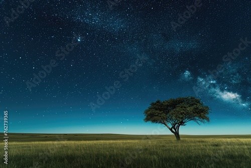 A single tree stands in the center of a vast field under a night sky adorned with countless stars, Vast grassland with a single tree under a sparkling night sky, AI Generated