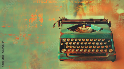 Classic teal typewriter against a textured orange and green backdrop photo