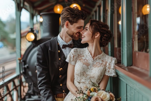 A man and a woman standing side by side in front of a stationary train, posing for a picture, Vintage railway station wedding with antique dÃ©cor and a steam engine, AI Generated