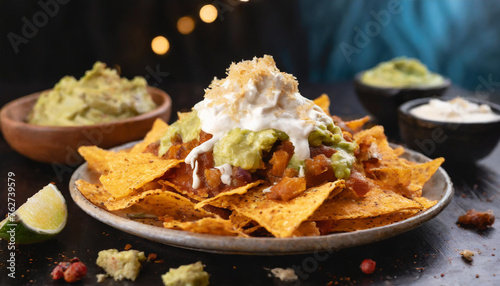 Food Photography - Loaded Nachos with Melted Cheese, Sour Cream, and Guacamole