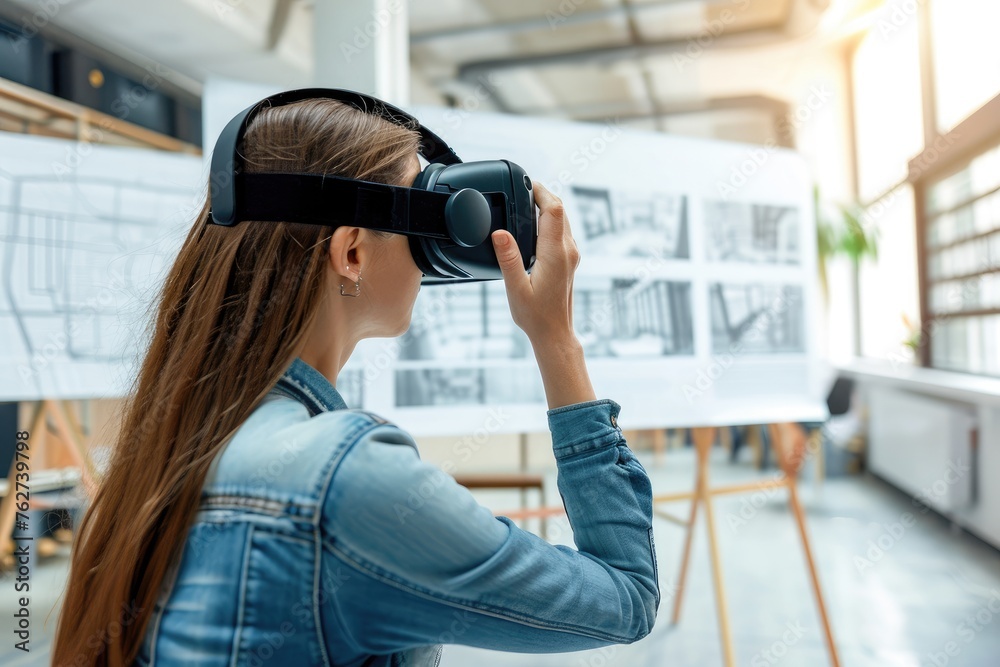 A woman wearing a realistic virtual reality headset, fully immersed in a digital environment, Virtual reality (VR) technology used for architectural design and planning, AI Generated