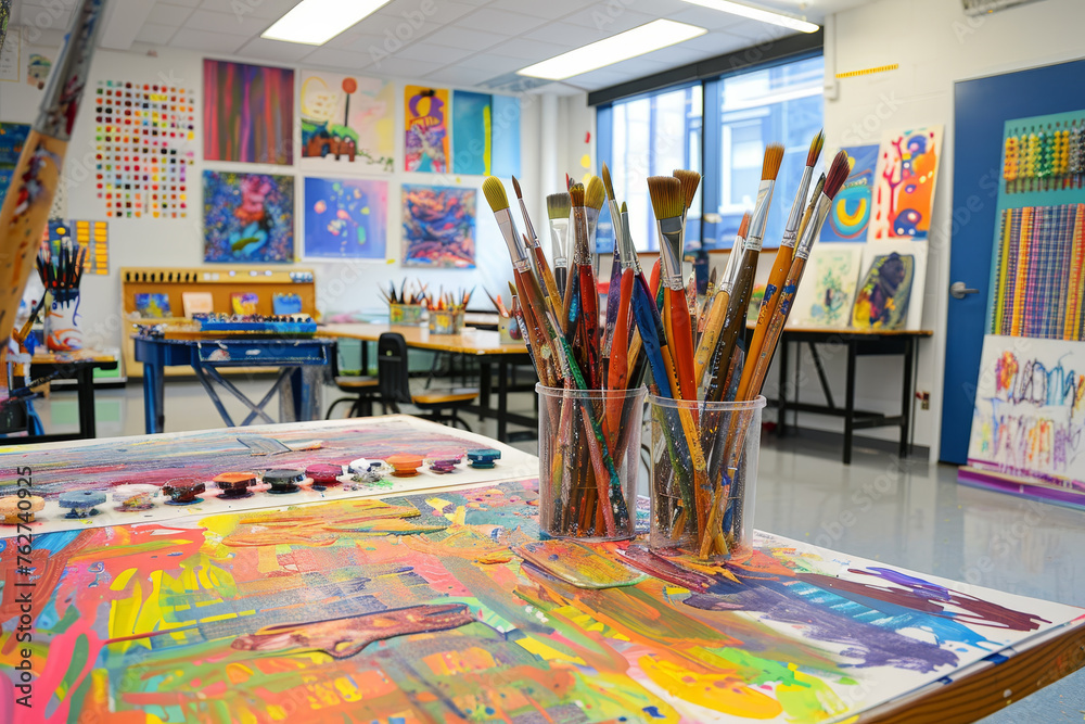 A school art room with an abstract design, paintbrushes and canvases arranged in a creative pattern that symbolizes imagination and self-expression