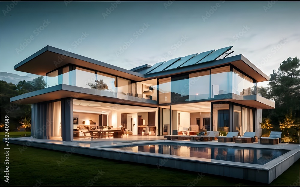 Exterior of beautiful modern house with solar panels on roof. Luxury villa with terrace and swimming pool Created with generative Ai, photo, stock photo, stock images, stock life, best selling