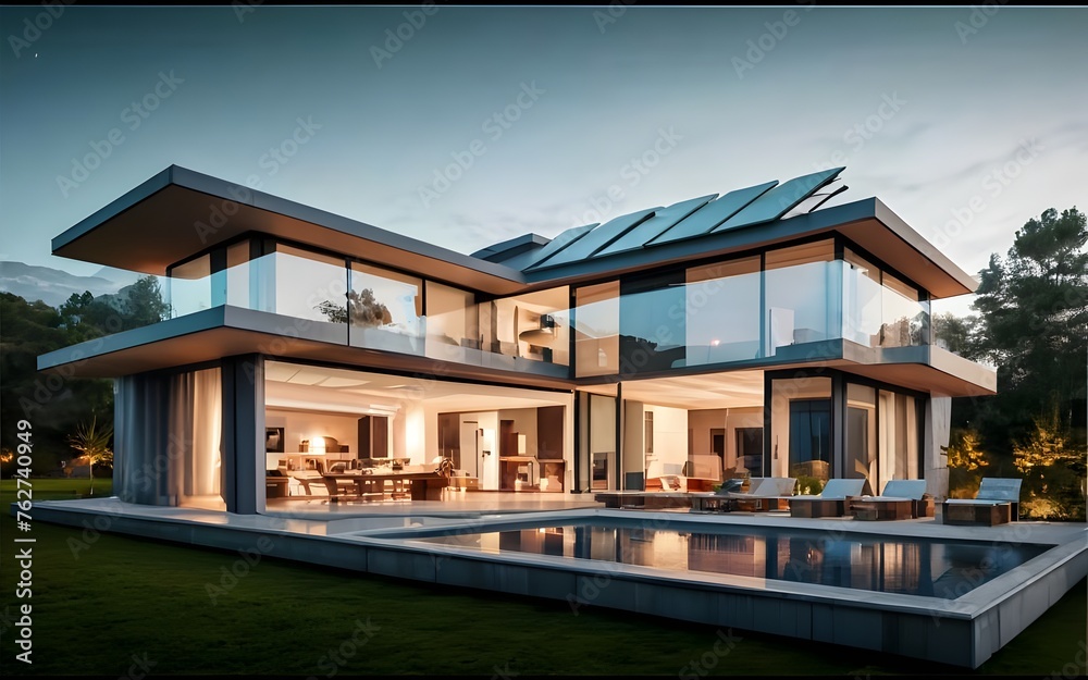 Fototapeta premium Exterior of beautiful modern house with solar panels on roof. Luxury villa with terrace and swimming pool Created with generative Ai, photo, stock photo, stock images, stock life, best selling